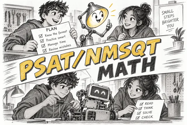 PSAT/NMSQT MATH — original handwritten comic illustration.
