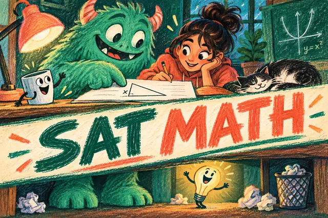 SAT MATH — original handwritten comic illustration.