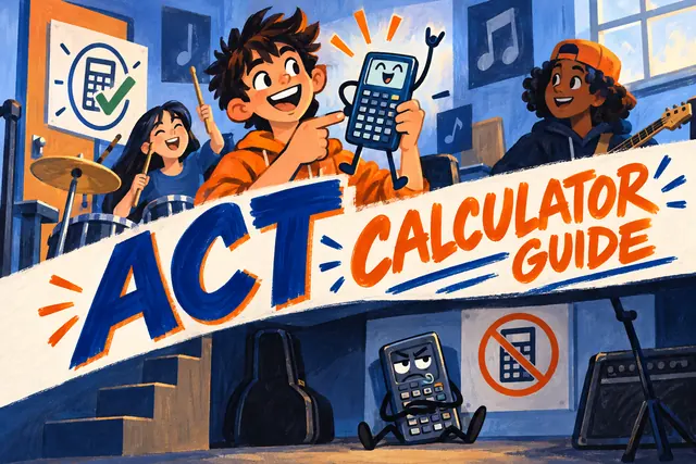 ACT CALCULATOR GUIDE — original handwritten comic illustration.