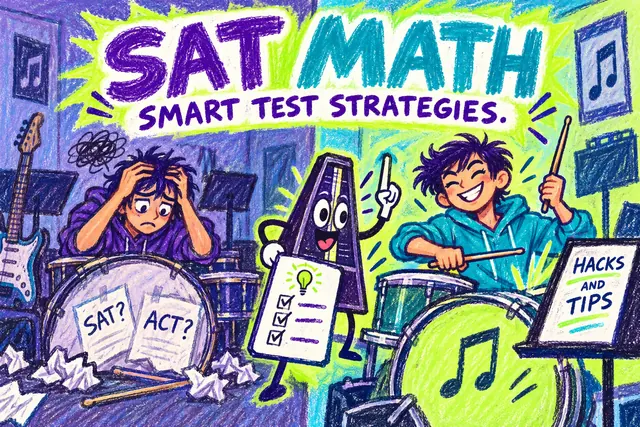 SAT MATH SMART TEST STRATEGIES — original handwritten comic illustration.