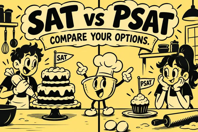 SAT vs PSAT COMPARE YOUR OPTIONS — original handwritten comic illustration.