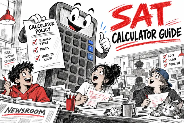 SAT CALCULATOR GUIDE — original handwritten comic illustration.