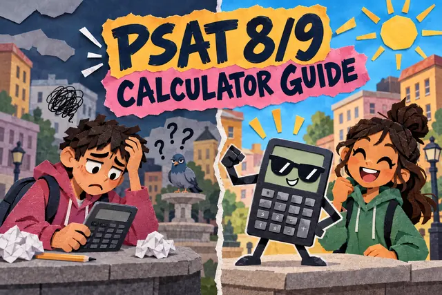 PSAT 8/9 CALCULATOR GUIDE — original handwritten comic illustration.