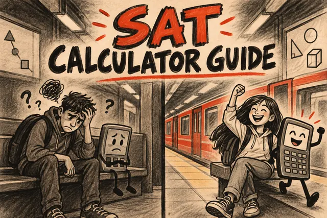 SAT CALCULATOR GUIDE — original handwritten comic illustration.