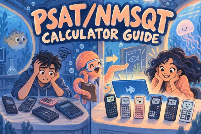 PSAT/NMSQT CALCULATOR GUIDE — original handwritten comic illustration.