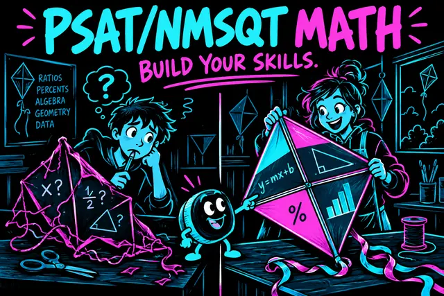 PSAT/NMSQT MATH BUILD YOUR SKILLS — original handwritten comic illustration.