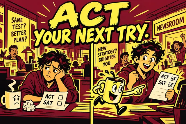 ACT YOUR NEXT TRY — original handwritten comic illustration.