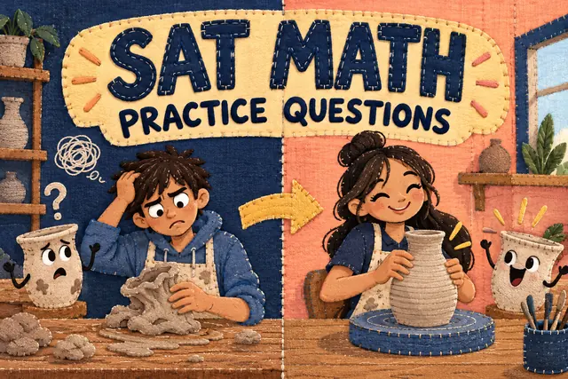 SAT MATH PRACTICE QUESTIONS — original handwritten comic illustration.