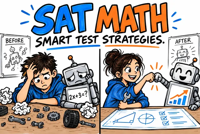 SAT MATH SMART TEST STRATEGIES — original handwritten comic illustration.