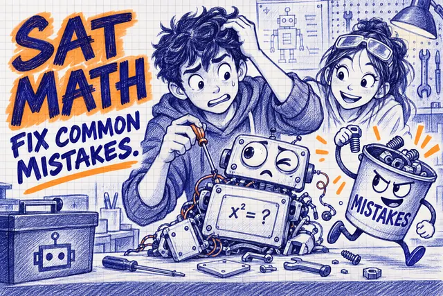 SAT MATH FIX COMMON MISTAKES — original handwritten comic illustration.