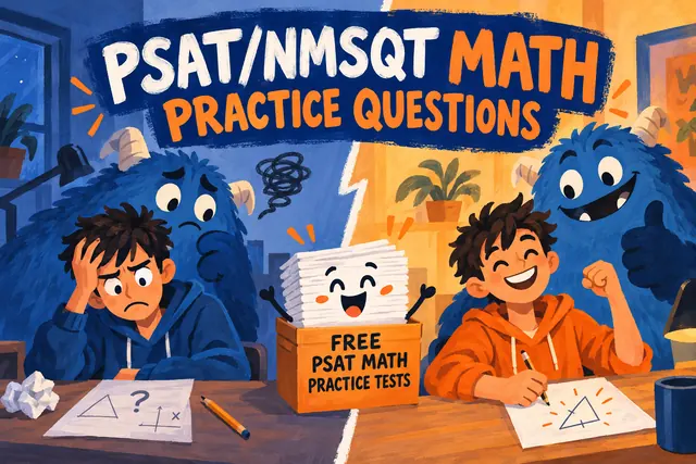 PSAT/NMSQT MATH PRACTICE QUESTIONS — original handwritten comic illustration.