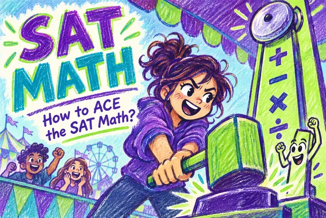 SAT MATH — original handwritten comic illustration.
