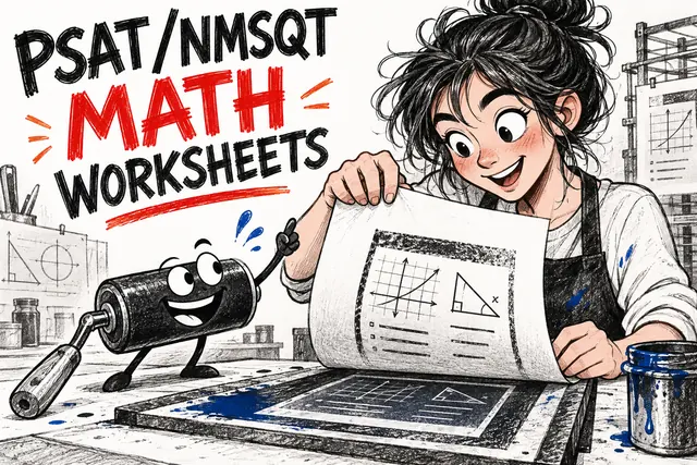 PSAT/NMSQT MATH WORKSHEETS — original handwritten comic illustration.