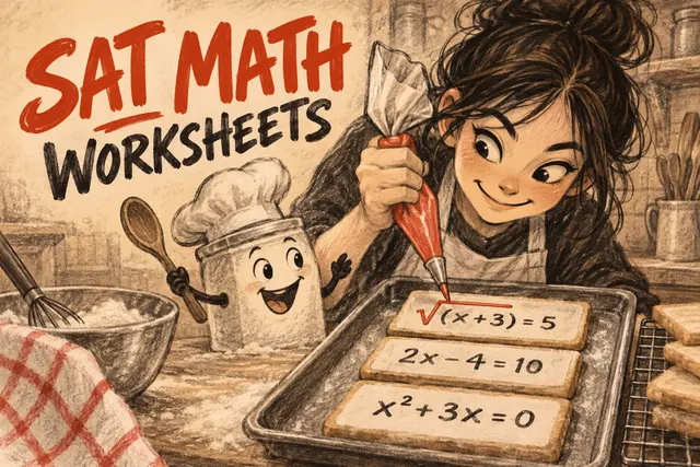 SAT MATH WORKSHEETS — original handwritten comic illustration.
