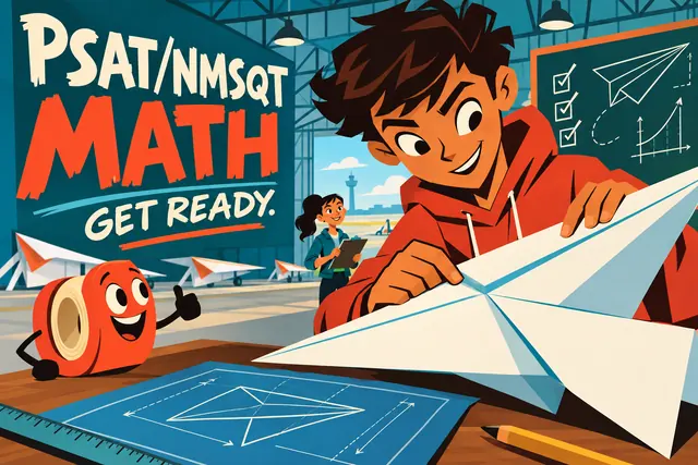 PSAT/NMSQT MATH GET READY — original handwritten comic illustration.