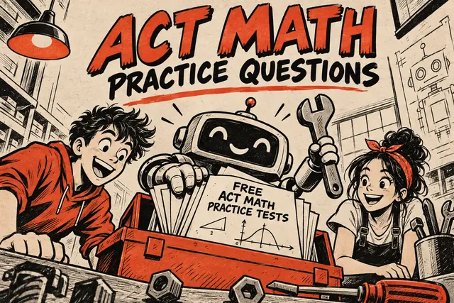 ACT MATH PRACTICE QUESTIONS — original handwritten comic illustration.
