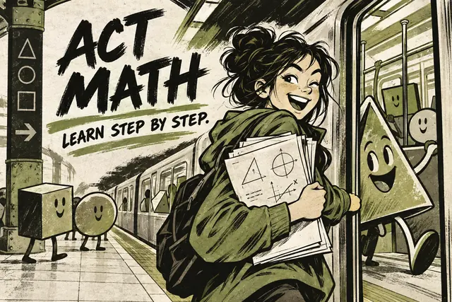 ACT MATH LEARN STEP BY STEP — original handwritten comic illustration.