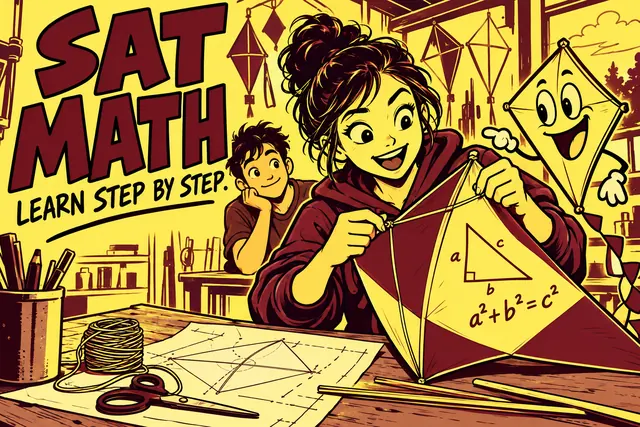SAT MATH LEARN STEP BY STEP — original handwritten comic illustration.