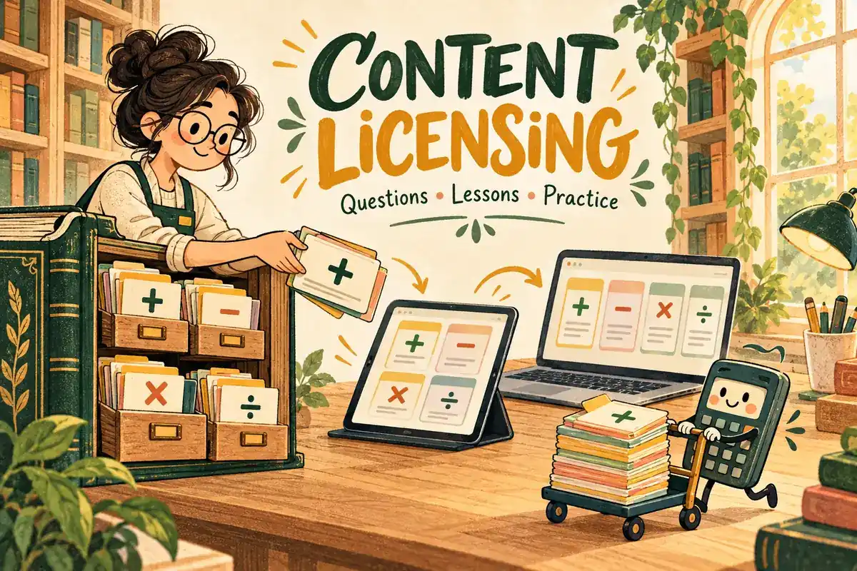 Content Licensing: an illustrated librarian shares math practice cards with a tablet and laptop while a cheerful calculator pulls a cart of lessons.