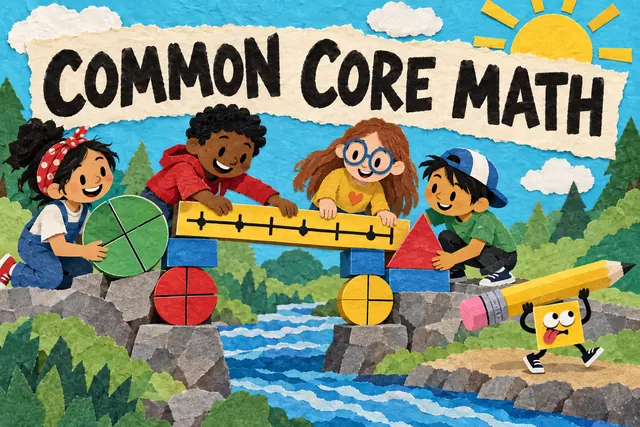 Common Core Math hand lettering in a colorful paper-collage comic of students building a bridge from math tools.