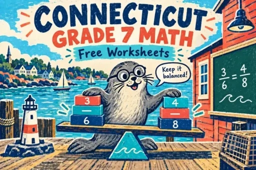 Linocut seal balances proportion blocks beside a Connecticut harbor under Grade 7 math lettering