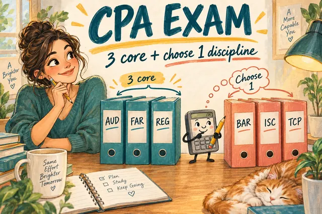 Handwritten CPA Exam comic showing AUD, FAR and REG as the three core sections, and BAR, ISC and TCP as choices for one discipline.