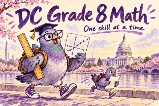 Purple watercolor comic of pigeons practicing Grade 8 math beside the Washington DC skyline