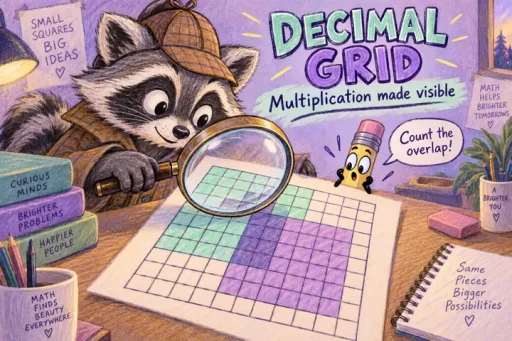 Colored-pencil raccoon detective examines overlapping decimal grid colors with a magnifying glass