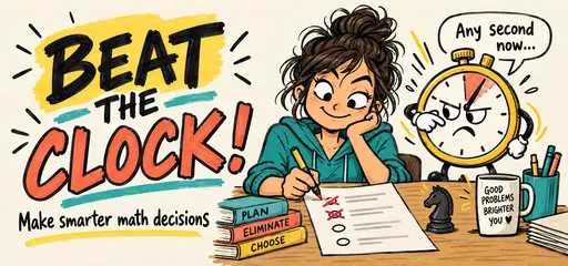 Beat the clock: a student eliminates wrong quiz answers beside an impatient cartoon stopwatch and a chess knight.