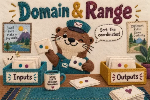 Felt-applique comic of an otter sorting input and output coordinate envelopes