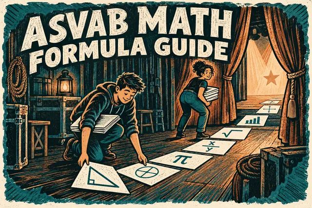 ASVAB MATH FORMULA GUIDE — original handwritten comic illustration.