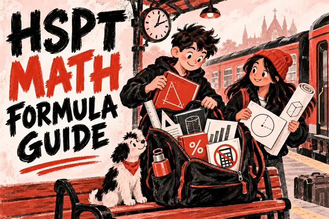 HSPT MATH FORMULA GUIDE — original handwritten comic illustration.