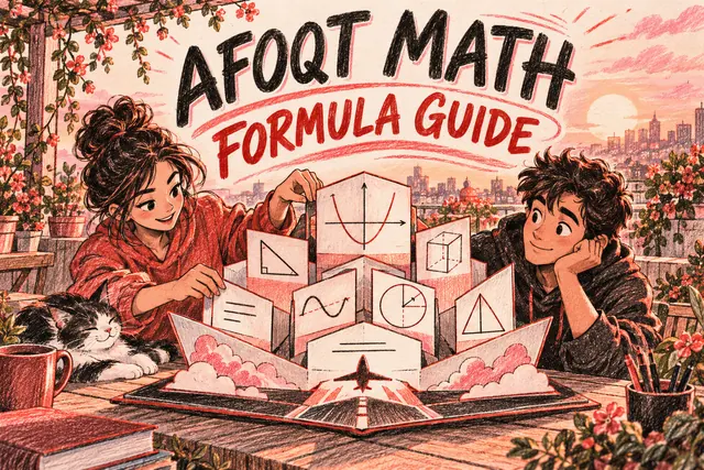 AFOQT MATH FORMULA GUIDE — original handwritten comic illustration.