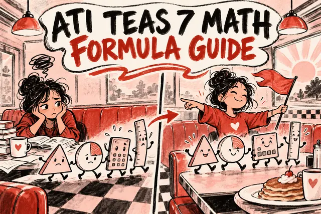 ATI TEAS 7 MATH FORMULA GUIDE — original handwritten comic illustration.