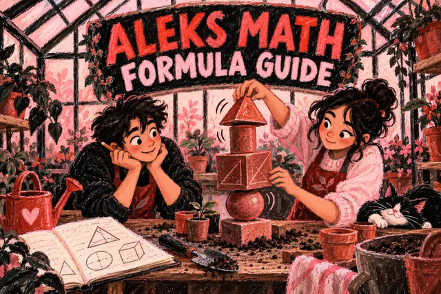 ALEKS MATH FORMULA GUIDE — original handwritten comic illustration.