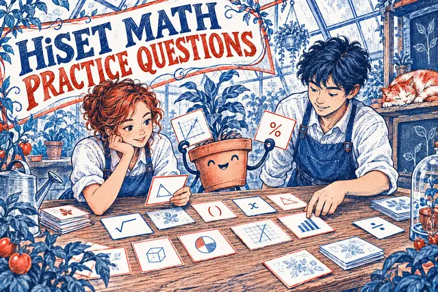 HiSET MATH PRACTICE QUESTIONS — original handwritten comic illustration.