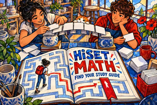 HiSET MATH FIND YOUR STUDY GUIDE — original handwritten comic illustration.