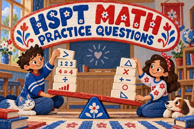 HSPT MATH PRACTICE QUESTIONS — original handwritten comic illustration.