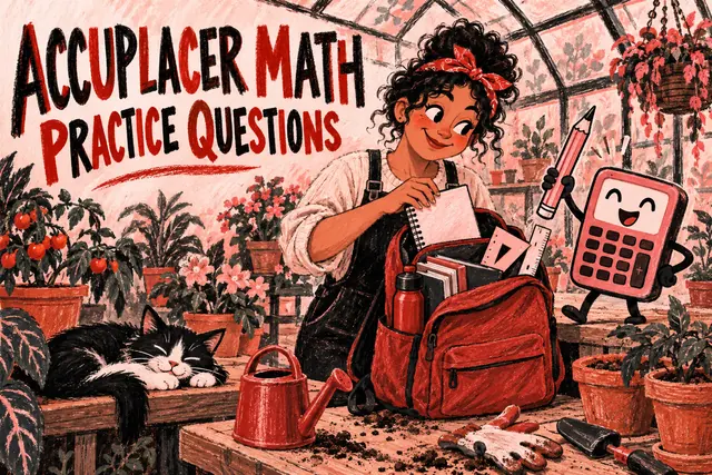 ACCUPLACER MATH PRACTICE QUESTIONS — original handwritten comic illustration.