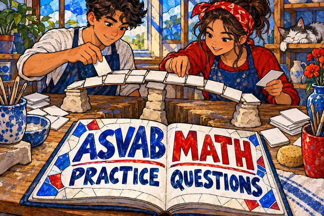 ASVAB MATH PRACTICE QUESTIONS — original handwritten comic illustration.