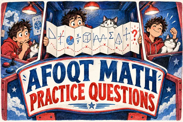AFOQT MATH PRACTICE QUESTIONS — original handwritten comic illustration.