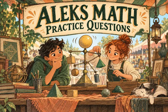 ALEKS MATH PRACTICE QUESTIONS — original handwritten comic illustration.