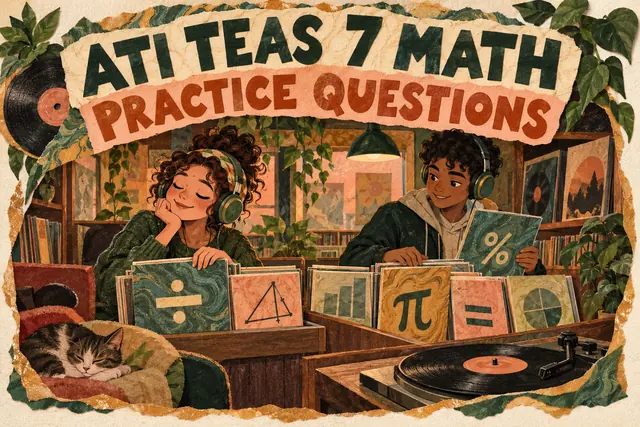 ATI TEAS 7 MATH PRACTICE QUESTIONS — original handwritten comic illustration.