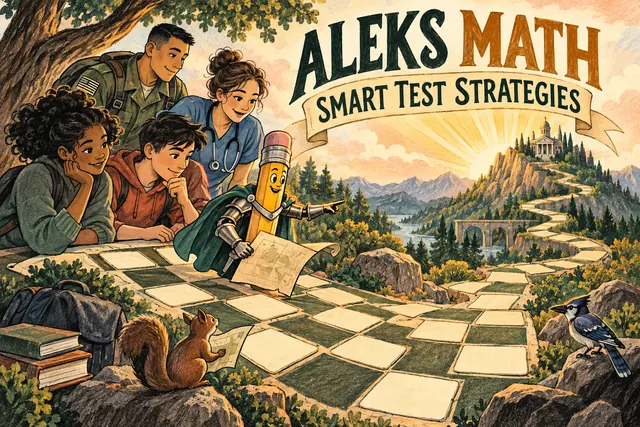 ALEKS MATH SMART TEST STRATEGIES — original handwritten comic illustration.