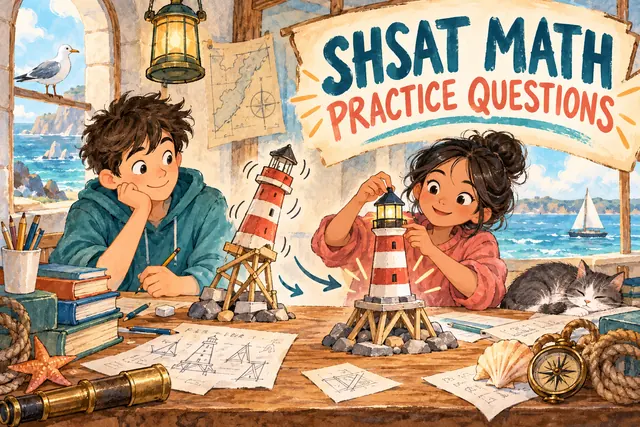 SHSAT MATH PRACTICE QUESTIONS — original handwritten comic illustration.