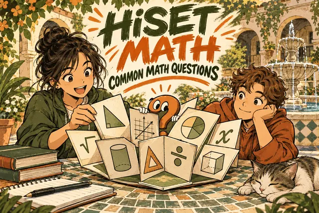 HiSET MATH COMMON MATH QUESTIONS — original handwritten comic illustration.