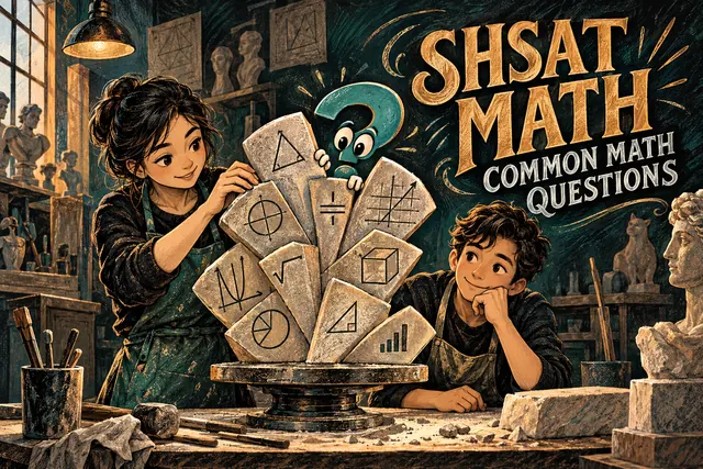 SHSAT MATH COMMON MATH QUESTIONS — original handwritten comic illustration.