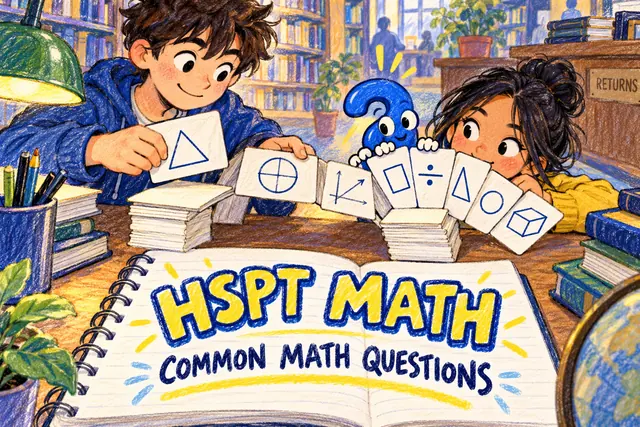 HSPT MATH COMMON MATH QUESTIONS — original handwritten comic illustration.