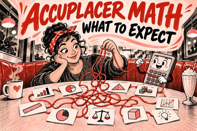ACCUPLACER MATH WHAT TO EXPECT — original handwritten comic illustration.