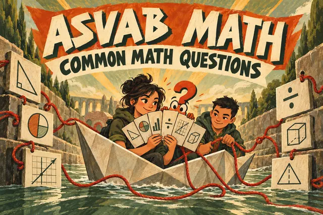 ASVAB MATH COMMON MATH QUESTIONS — original handwritten comic illustration.